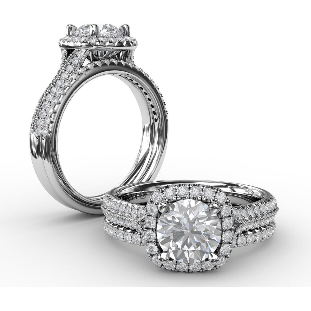 Cushion Halo Engagement Ring Setting with Round Brilliant Diamond Accents and Milgrain Detail by Fana - 0.41 Carat Total Diamond Weight