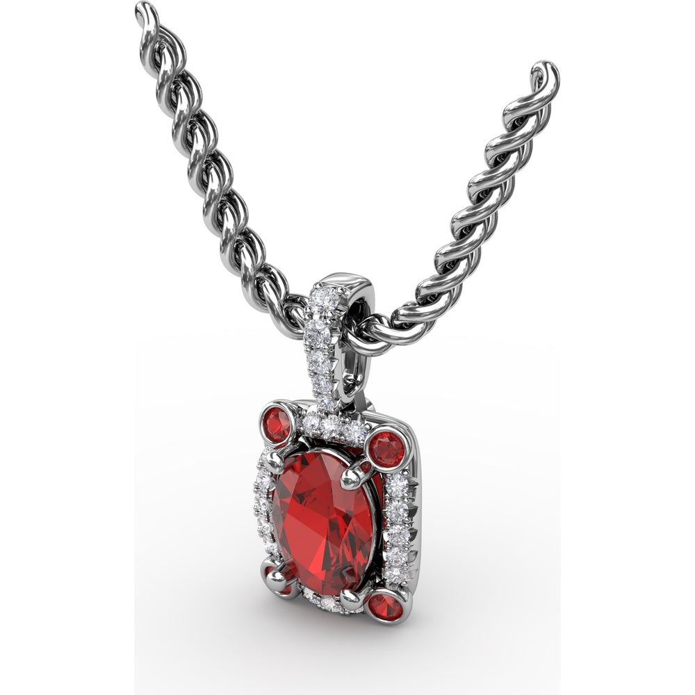 Cushion Halo Pendant with Oval Ruby and Pavé Diamond Bail by Fana - 1.20 Carat Total Gemstone Weight