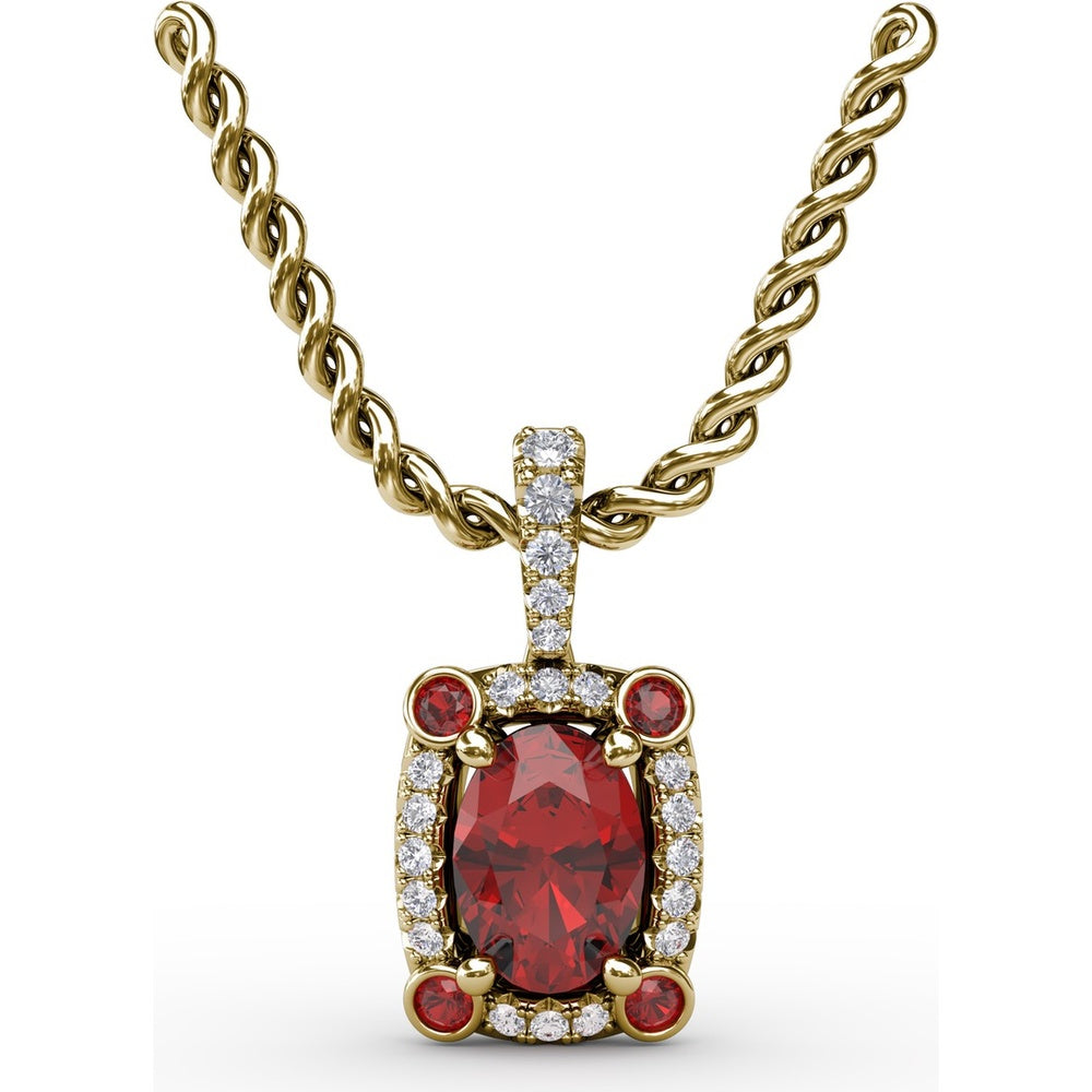 Cushion Halo Pendant with Oval Ruby and Pavé Diamond Bail by Fana - 1.20 Carat Total Gemstone Weight