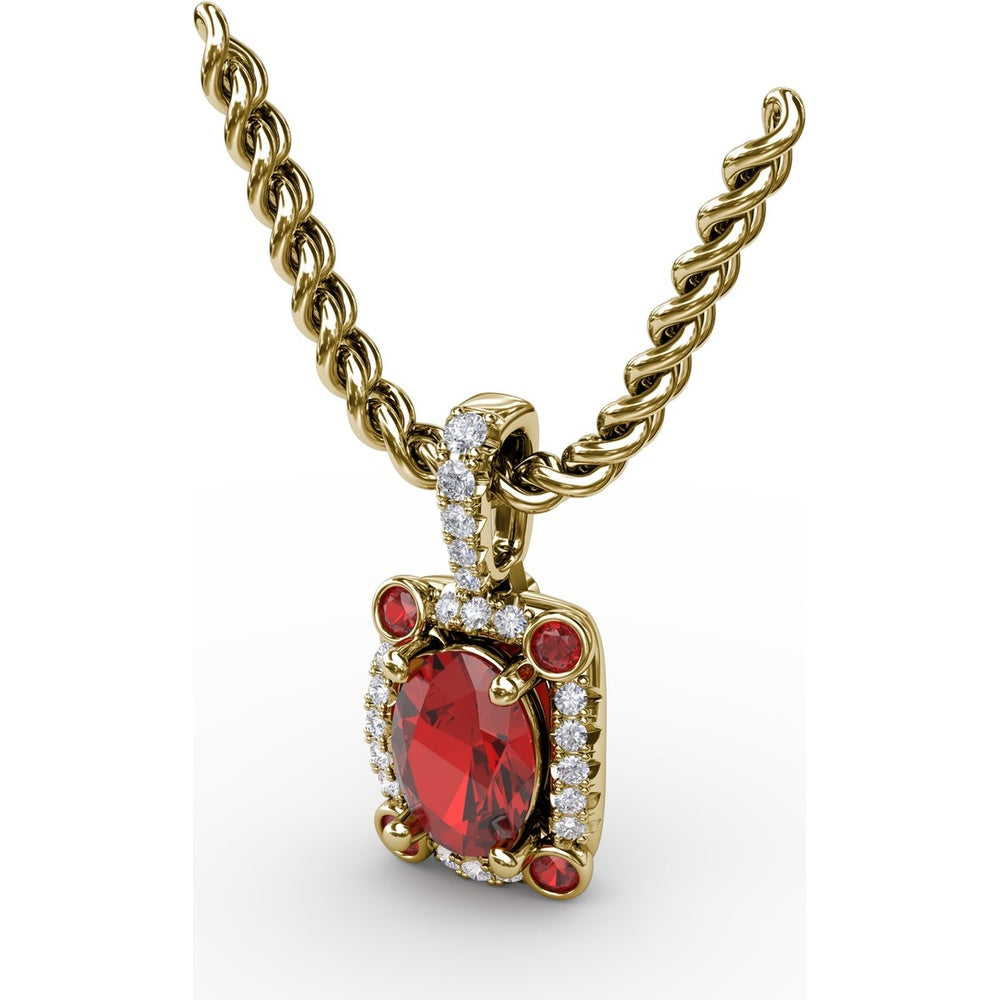 Cushion Halo Pendant with Oval Ruby and Pavé Diamond Bail by Fana - 1.20 Carat Total Gemstone Weight