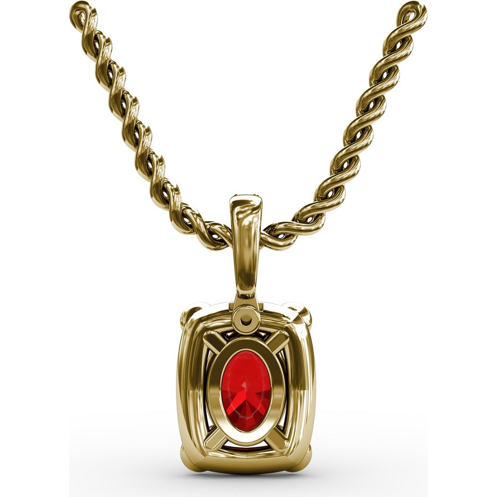 Cushion Halo Pendant with Oval Ruby and Pavé Diamond Bail by Fana - 1.20 Carat Total Gemstone Weight
