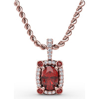 Cushion Halo Pendant with Oval Ruby and Pavé Diamond Bail by Fana - 1.20 Carat Total Gemstone Weight