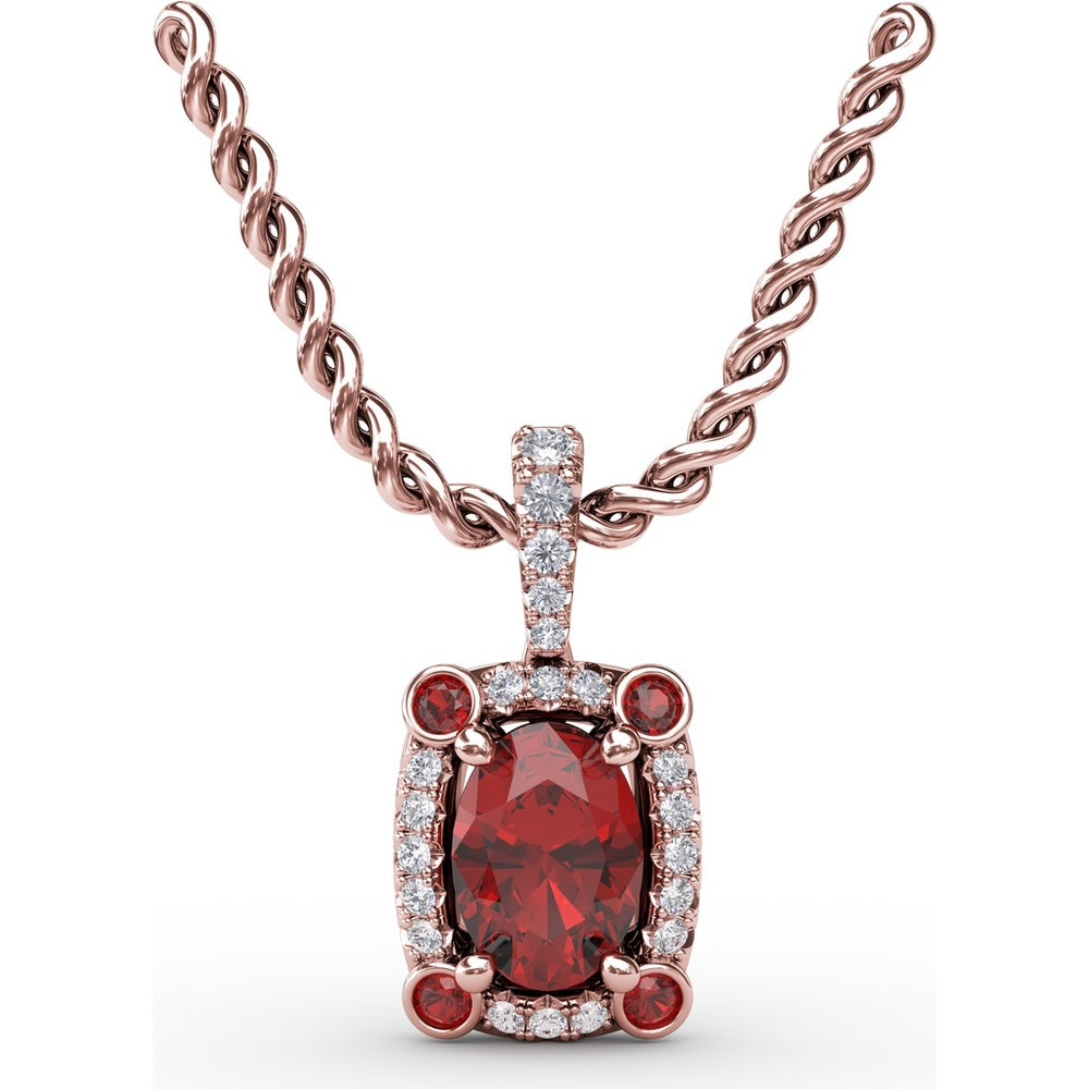 Cushion Halo Pendant with Oval Ruby and Pavé Diamond Bail by Fana - 1.20 Carat Total Gemstone Weight