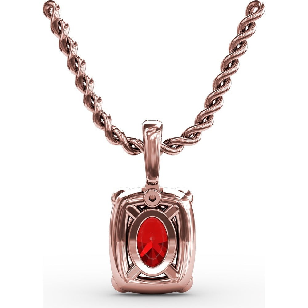 Cushion Halo Pendant with Oval Ruby and Pavé Diamond Bail by Fana - 1.20 Carat Total Gemstone Weight