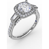 Cushion Halo Three-Stone Engagement Ring Setting with Pavé Band, Bezel-Set Baguette Side Stones, and Milgrain Detail - 0.58 Carat Total Side Stone Weight by Fana