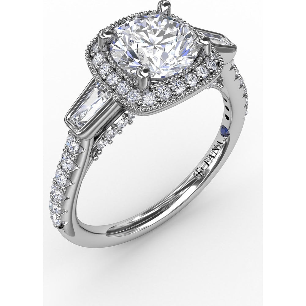 Cushion Halo Three-Stone Engagement Ring Setting with Pavé Band, Bezel-Set Baguette Side Stones, and Milgrain Detail - 0.58 Carat Total Side Stone Weight by Fana