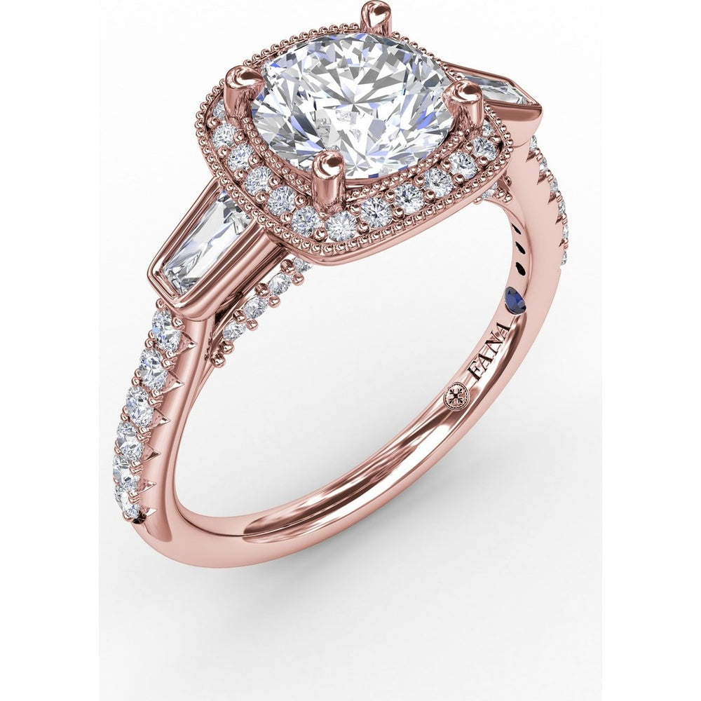 Cushion Halo Three-Stone Engagement Ring Setting with Pavé Band, Bezel-Set Baguette Side Stones, and Milgrain Detail - 0.58 Carat Total Side Stone Weight by Fana