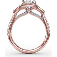 Cushion Halo Three-Stone Engagement Ring Setting with Pavé Band, Bezel-Set Baguette Side Stones, and Milgrain Detail - 0.58 Carat Total Side Stone Weight by Fana
