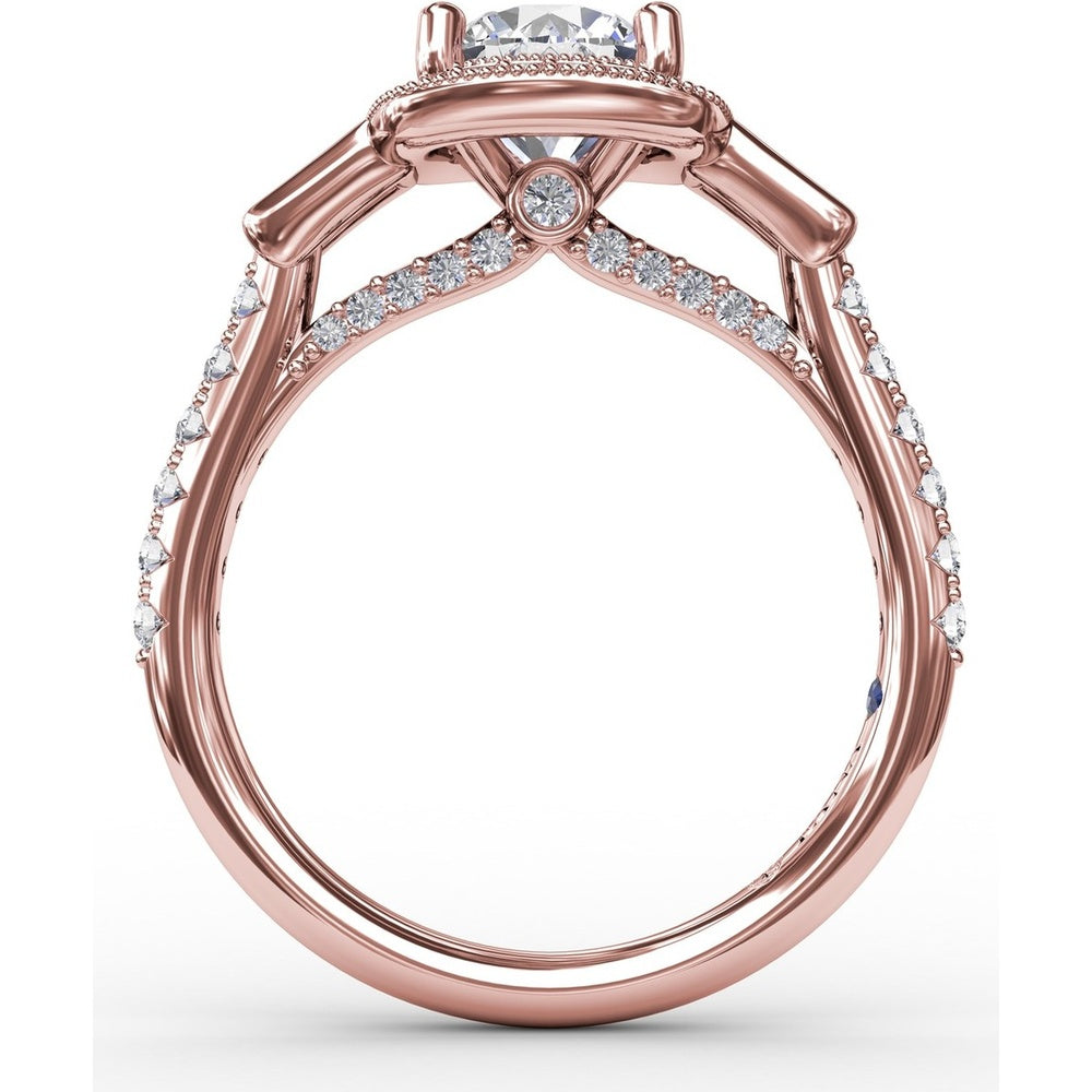 Cushion Halo Three-Stone Engagement Ring Setting with Pavé Band, Bezel-Set Baguette Side Stones, and Milgrain Detail - 0.58 Carat Total Side Stone Weight by Fana