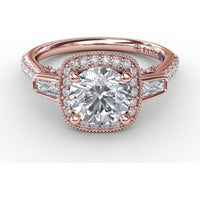 Cushion Halo Three-Stone Engagement Ring Setting with Pavé Band, Bezel-Set Baguette Side Stones, and Milgrain Detail - 0.58 Carat Total Side Stone Weight by Fana