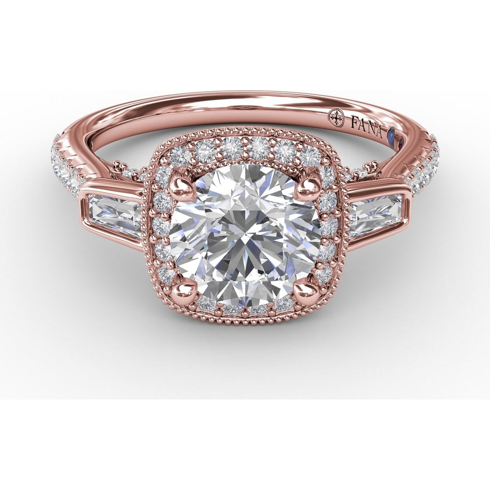 Cushion Halo Three-Stone Engagement Ring Setting with Pavé Band, Bezel-Set Baguette Side Stones, and Milgrain Detail - 0.58 Carat Total Side Stone Weight by Fana