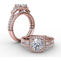 Cushion Halo Three-Stone Engagement Ring Setting with Pavé Band, Bezel-Set Baguette Side Stones, and Milgrain Detail - 0.58 Carat Total Side Stone Weight by Fana