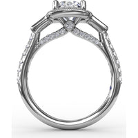 Cushion Halo Three-Stone Engagement Ring Setting with Pavé Band, Bezel-Set Baguette Side Stones, and Milgrain Detail - 0.58 Carat Total Side Stone Weight by Fana