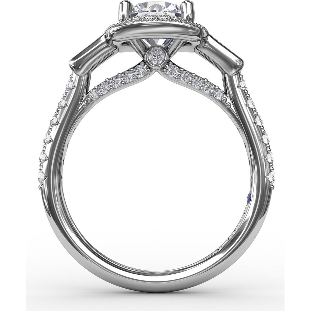 Cushion Halo Three-Stone Engagement Ring Setting with Pavé Band, Bezel-Set Baguette Side Stones, and Milgrain Detail - 0.58 Carat Total Side Stone Weight by Fana