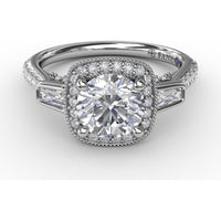 Cushion Halo Three-Stone Engagement Ring Setting with Pavé Band, Bezel-Set Baguette Side Stones, and Milgrain Detail - 0.58 Carat Total Side Stone Weight by Fana