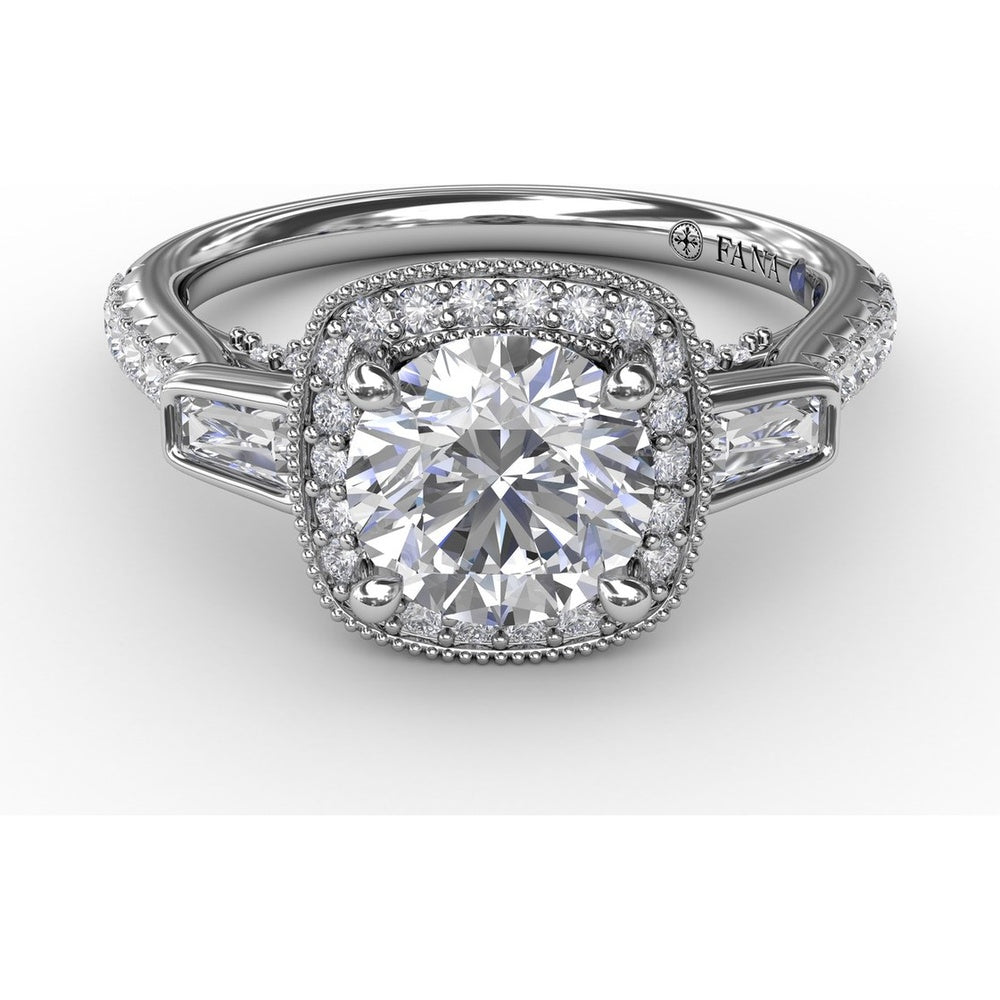 Cushion Halo Three-Stone Engagement Ring Setting with Pavé Band, Bezel-Set Baguette Side Stones, and Milgrain Detail - 0.58 Carat Total Side Stone Weight by Fana