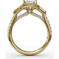 Cushion Halo Three-Stone Engagement Ring Setting with Pavé Band, Bezel-Set Baguette Side Stones, and Milgrain Detail - 0.58 Carat Total Side Stone Weight by Fana
