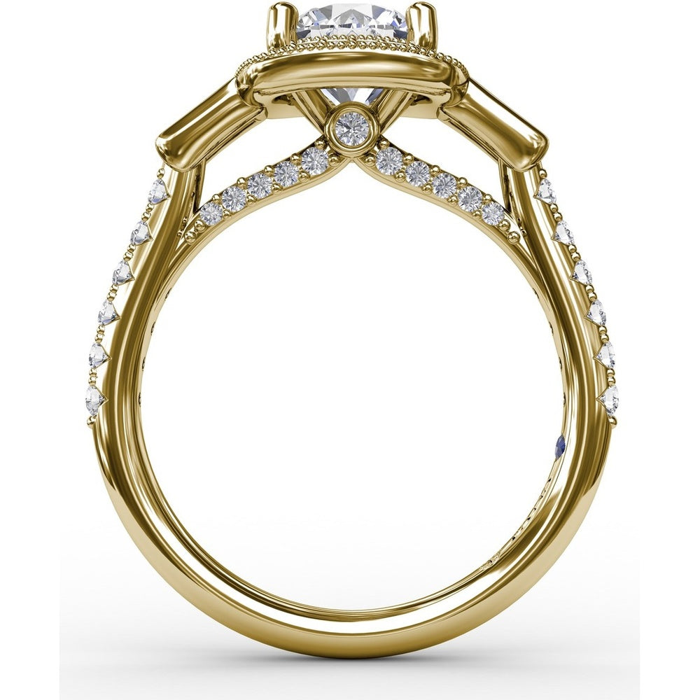 Cushion Halo Three-Stone Engagement Ring Setting with Pavé Band, Bezel-Set Baguette Side Stones, and Milgrain Detail - 0.58 Carat Total Side Stone Weight by Fana
