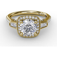 Cushion Halo Three-Stone Engagement Ring Setting with Pavé Band, Bezel-Set Baguette Side Stones, and Milgrain Detail - 0.58 Carat Total Side Stone Weight by Fana