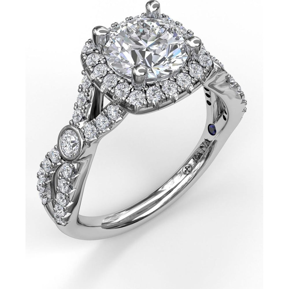 Cushion Halo Twist Shank Engagement Ring Setting with Pavé and Bezel-Set Diamonds by Fana - 0.54 Carat Total Diamond Weight