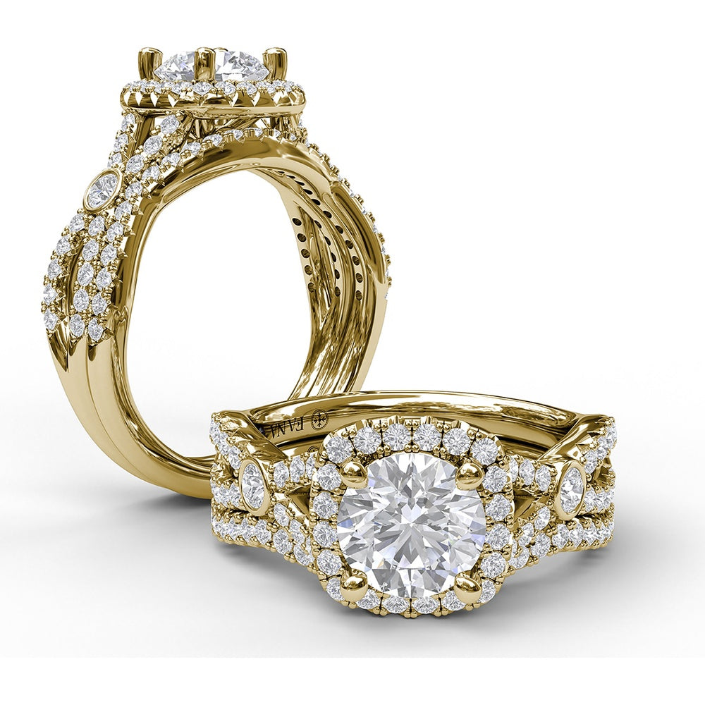 Cushion Halo Twist Shank Engagement Ring Setting with Pavé and Bezel-Set Diamonds by Fana - 0.54 Carat Total Diamond Weight