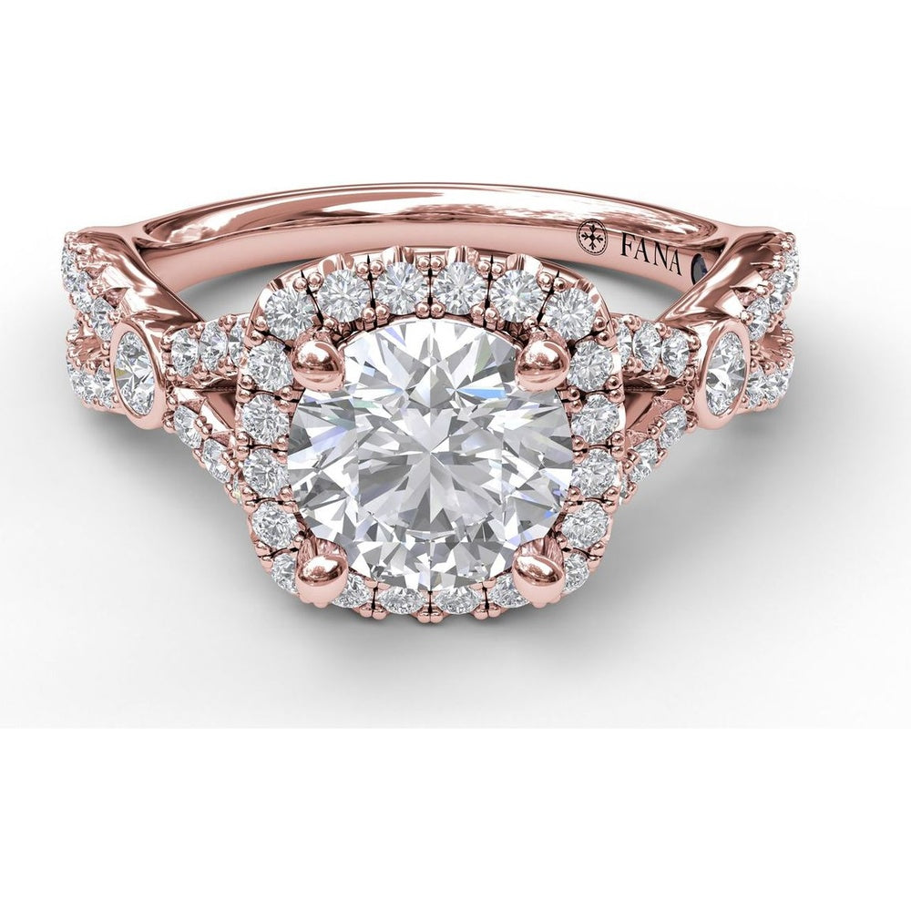Cushion Halo Twist Shank Engagement Ring Setting with Pavé and Bezel-Set Diamonds by Fana - 0.54 Carat Total Diamond Weight