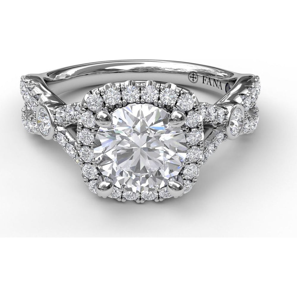 Cushion Halo Twist Shank Engagement Ring Setting with Pavé and Bezel-Set Diamonds by Fana - 0.54 Carat Total Diamond Weight