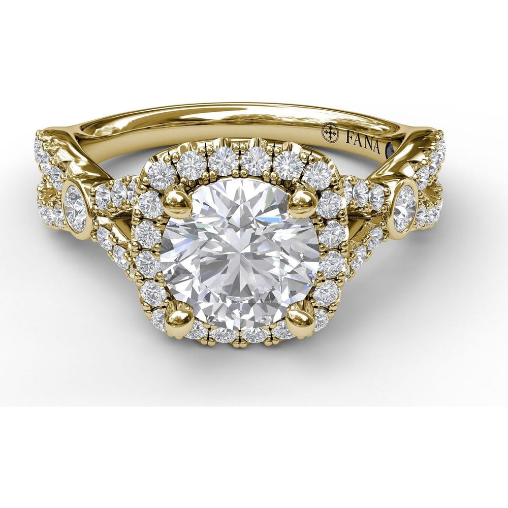 Cushion Halo Twist Shank Engagement Ring Setting with Pavé and Bezel-Set Diamonds by Fana - 0.54 Carat Total Diamond Weight