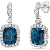 Cushion London Blue Topaz, Diamond and Blue Sapphire Drop Earrings in 18K White Gold by Charles Krypell