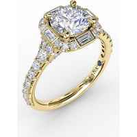 Cushion Shaped Diamond Halo Engagement Ring Setting with Bezel-Set Baguettes and Graduated Round Diamond Band by Fana - 0.84 Carat Total Diamond Weight