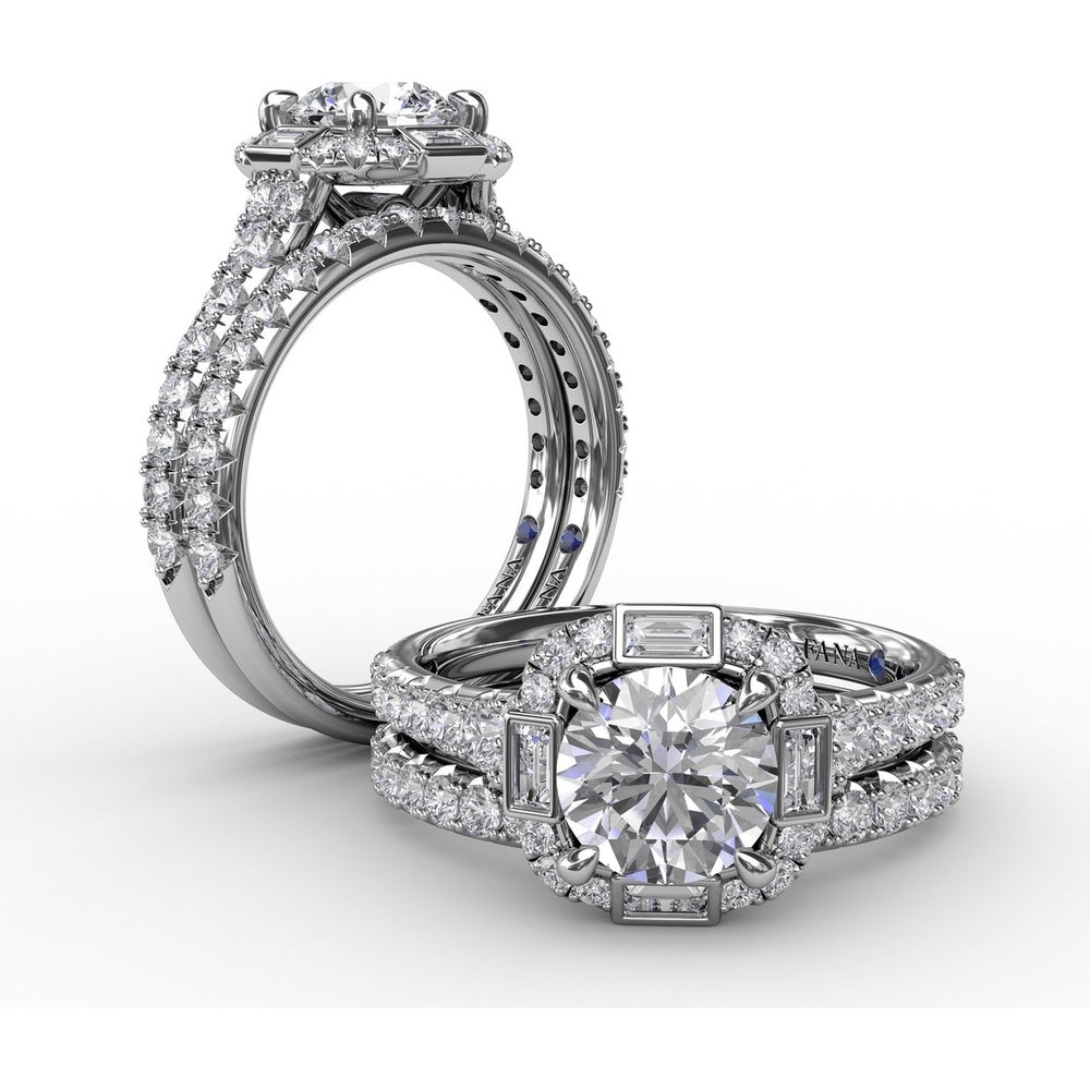 Cushion Shaped Diamond Halo Engagement Ring Setting with Bezel-Set Baguettes and Graduated Round Diamond Band by Fana - 0.84 Carat Total Diamond Weight