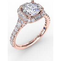 Cushion Shaped Diamond Halo Engagement Ring Setting with Bezel-Set Baguettes and Graduated Round Diamond Band by Fana - 0.84 Carat Total Diamond Weight