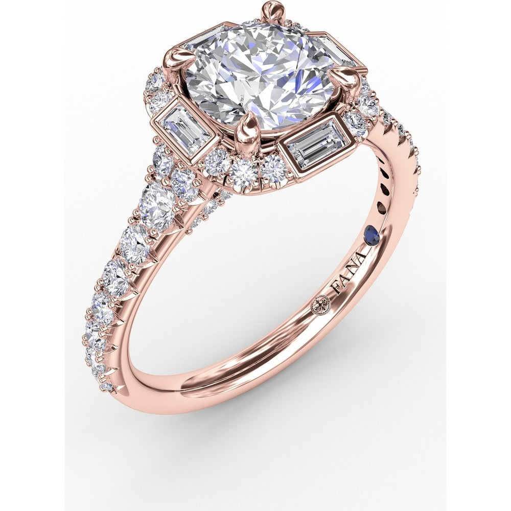 Cushion Shaped Diamond Halo Engagement Ring Setting with Bezel-Set Baguettes and Graduated Round Diamond Band by Fana - 0.84 Carat Total Diamond Weight