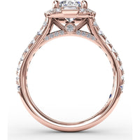 Cushion Shaped Diamond Halo Engagement Ring Setting with Bezel-Set Baguettes and Graduated Round Diamond Band by Fana - 0.84 Carat Total Diamond Weight