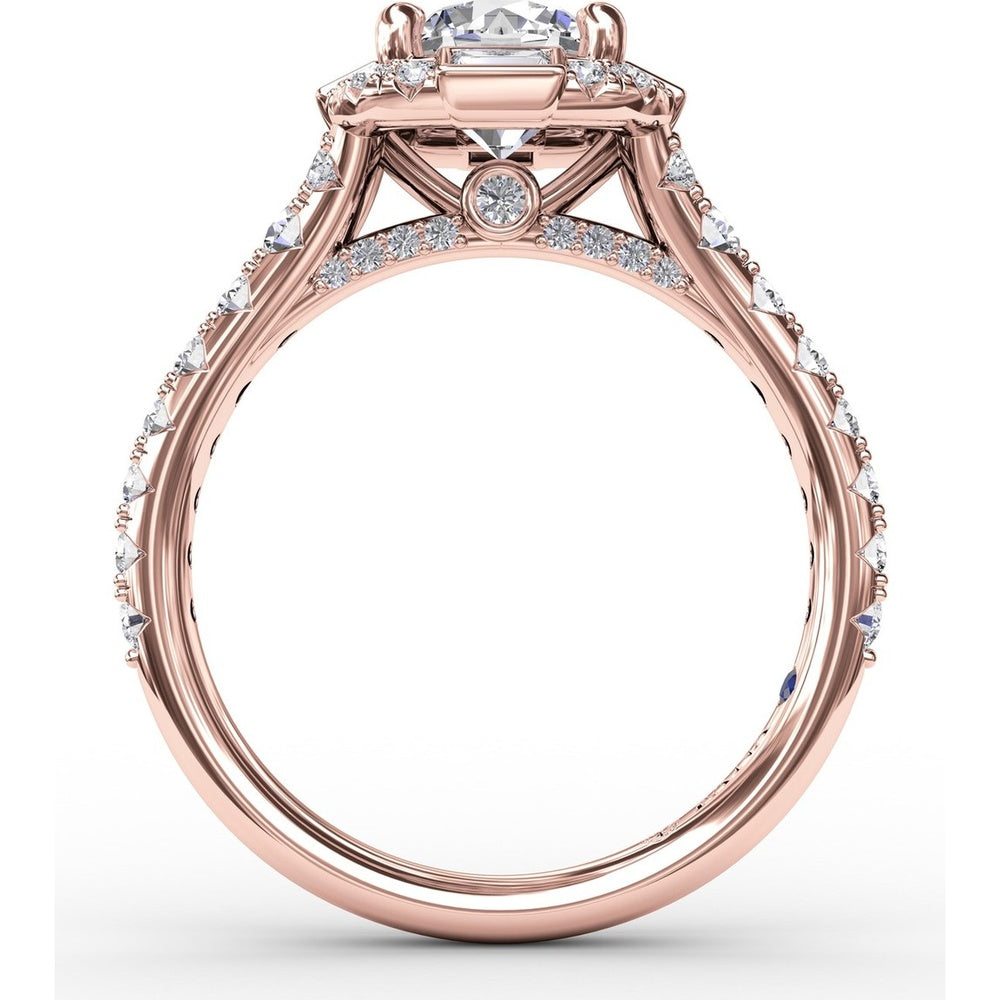 Cushion Shaped Diamond Halo Engagement Ring Setting with Bezel-Set Baguettes and Graduated Round Diamond Band by Fana - 0.84 Carat Total Diamond Weight