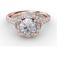 Cushion Shaped Diamond Halo Engagement Ring Setting with Bezel-Set Baguettes and Graduated Round Diamond Band by Fana - 0.84 Carat Total Diamond Weight