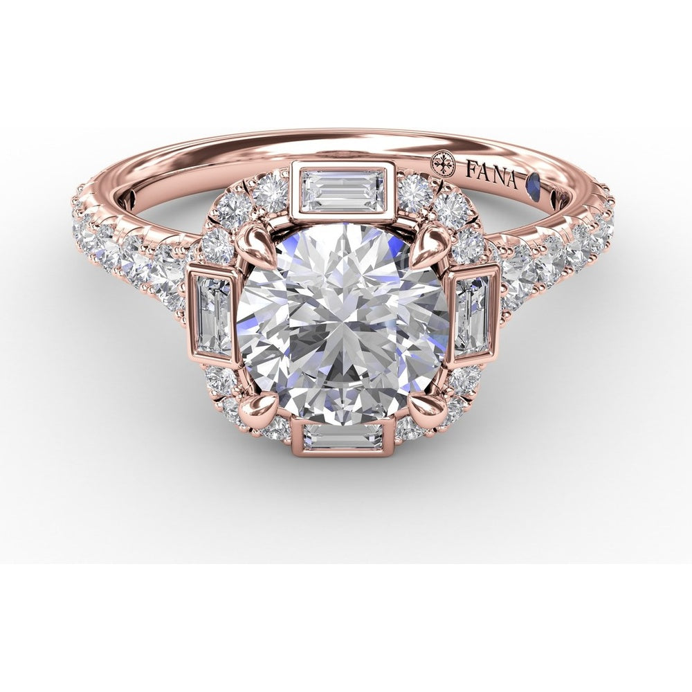 Cushion Shaped Diamond Halo Engagement Ring Setting with Bezel-Set Baguettes and Graduated Round Diamond Band by Fana - 0.84 Carat Total Diamond Weight