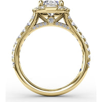 Cushion Shaped Diamond Halo Engagement Ring Setting with Bezel-Set Baguettes and Graduated Round Diamond Band by Fana - 0.84 Carat Total Diamond Weight