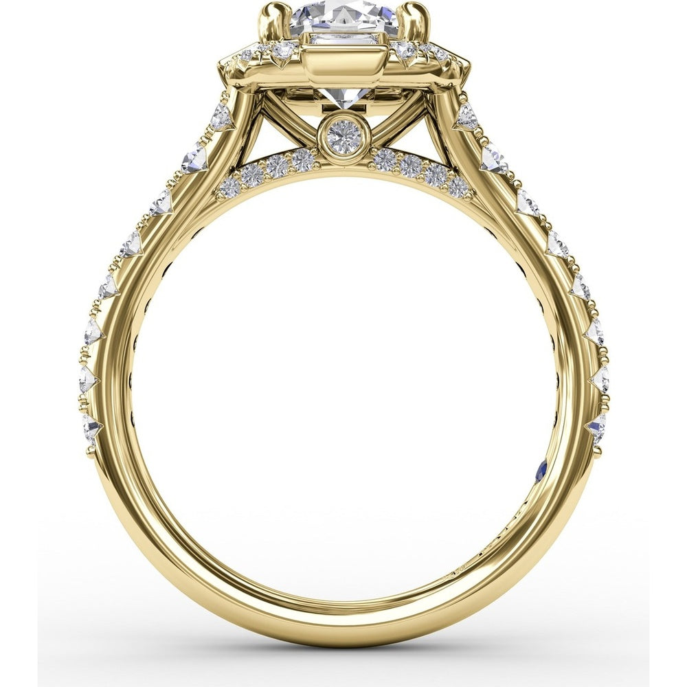 Cushion Shaped Diamond Halo Engagement Ring Setting with Bezel-Set Baguettes and Graduated Round Diamond Band by Fana - 0.84 Carat Total Diamond Weight