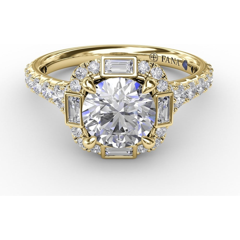 Cushion Shaped Diamond Halo Engagement Ring Setting with Bezel-Set Baguettes and Graduated Round Diamond Band by Fana - 0.84 Carat Total Diamond Weight