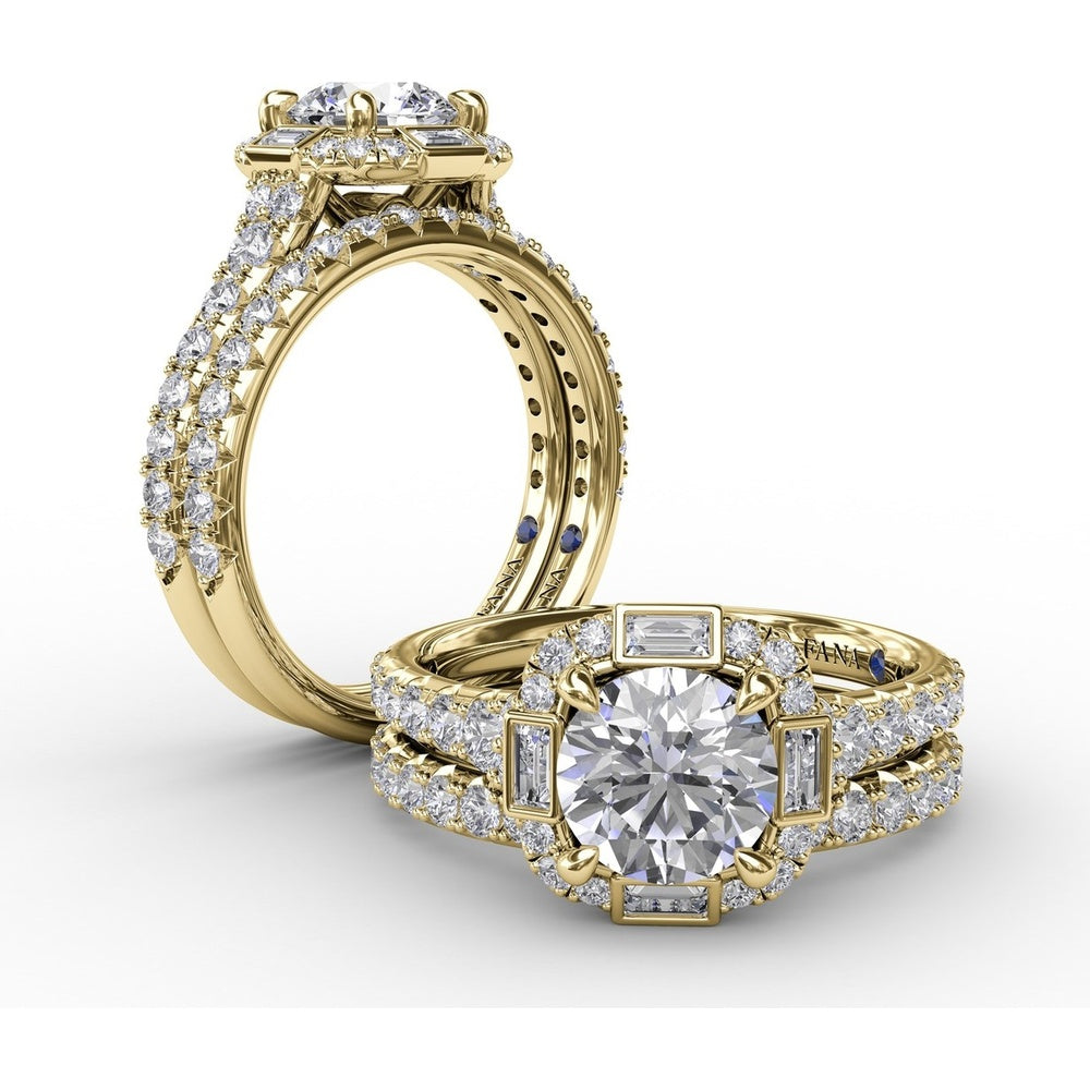 Cushion Shaped Diamond Halo Engagement Ring Setting with Bezel-Set Baguettes and Graduated Round Diamond Band by Fana - 0.84 Carat Total Diamond Weight
