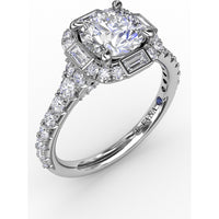 Cushion Shaped Diamond Halo Engagement Ring Setting with Bezel-Set Baguettes and Graduated Round Diamond Band by Fana - 0.84 Carat Total Diamond Weight