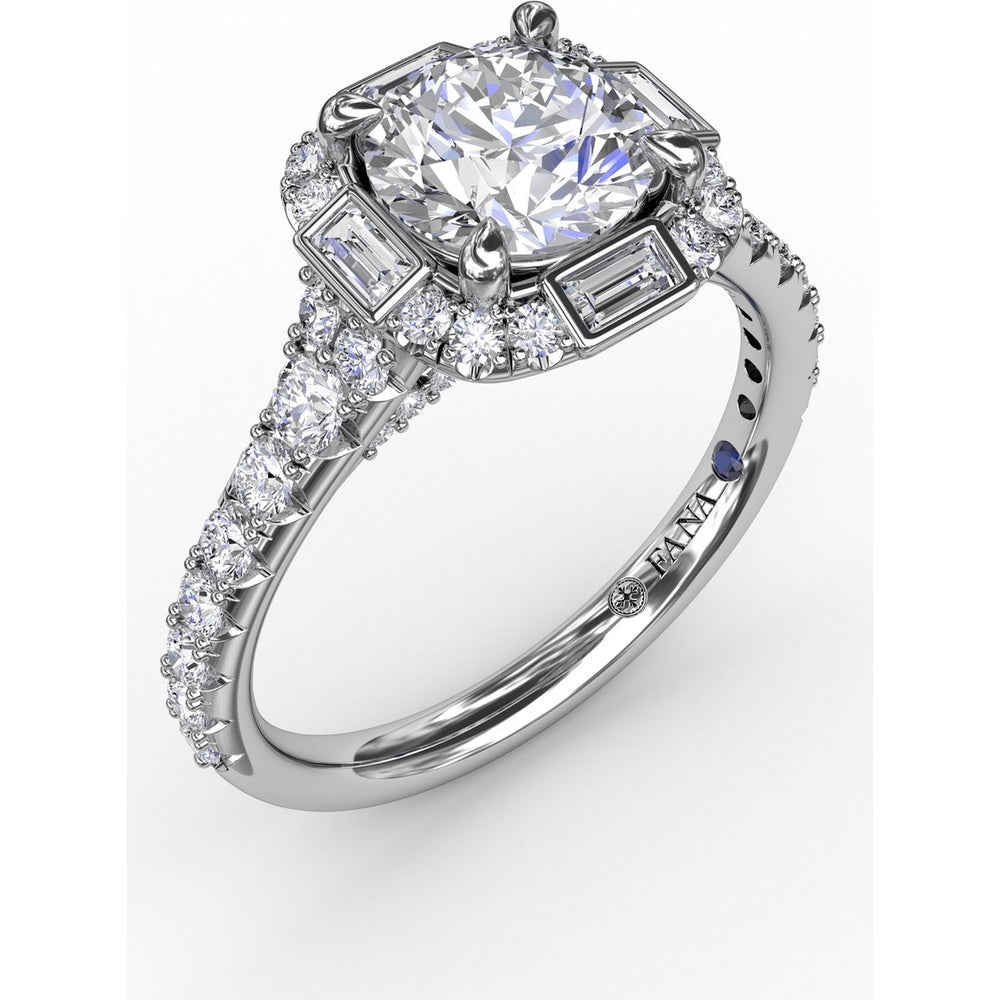 Cushion Shaped Diamond Halo Engagement Ring Setting with Bezel-Set Baguettes and Graduated Round Diamond Band by Fana - 0.84 Carat Total Diamond Weight