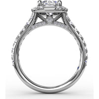 Cushion Shaped Diamond Halo Engagement Ring Setting with Bezel-Set Baguettes and Graduated Round Diamond Band by Fana - 0.84 Carat Total Diamond Weight