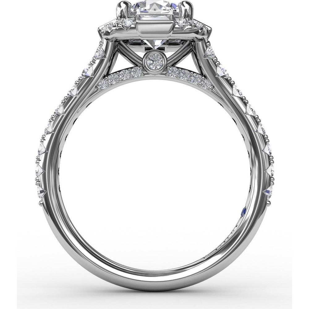 Cushion Shaped Diamond Halo Engagement Ring Setting with Bezel-Set Baguettes and Graduated Round Diamond Band by Fana - 0.84 Carat Total Diamond Weight