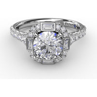Cushion Shaped Diamond Halo Engagement Ring Setting with Bezel-Set Baguettes and Graduated Round Diamond Band by Fana - 0.84 Carat Total Diamond Weight