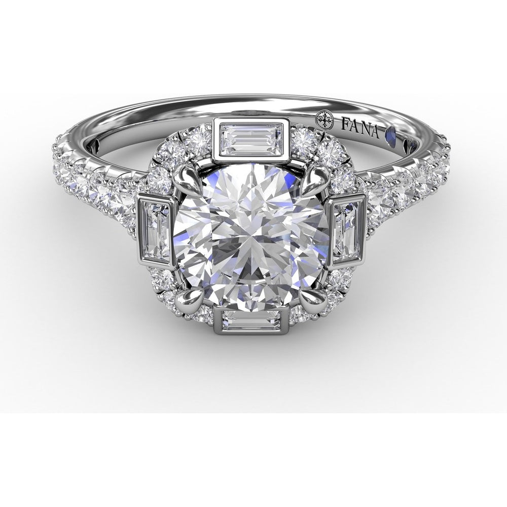 Cushion Shaped Diamond Halo Engagement Ring Setting with Bezel-Set Baguettes and Graduated Round Diamond Band by Fana - 0.84 Carat Total Diamond Weight