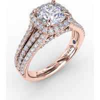 Cushion-Shaped Diamond Halo Engagement Ring Setting with Triple-Row Split Shank Diamond Band by Fana - 0.72 Carat Total Diamond Weight