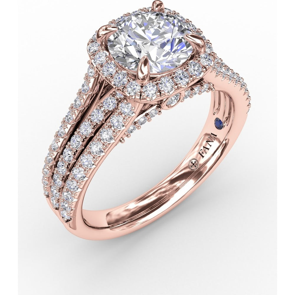 Cushion-Shaped Diamond Halo Engagement Ring Setting with Triple-Row Split Shank Diamond Band by Fana - 0.72 Carat Total Diamond Weight