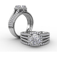 Cushion-Shaped Diamond Halo Engagement Ring Setting with Triple-Row Split Shank Diamond Band by Fana - 0.72 Carat Total Diamond Weight